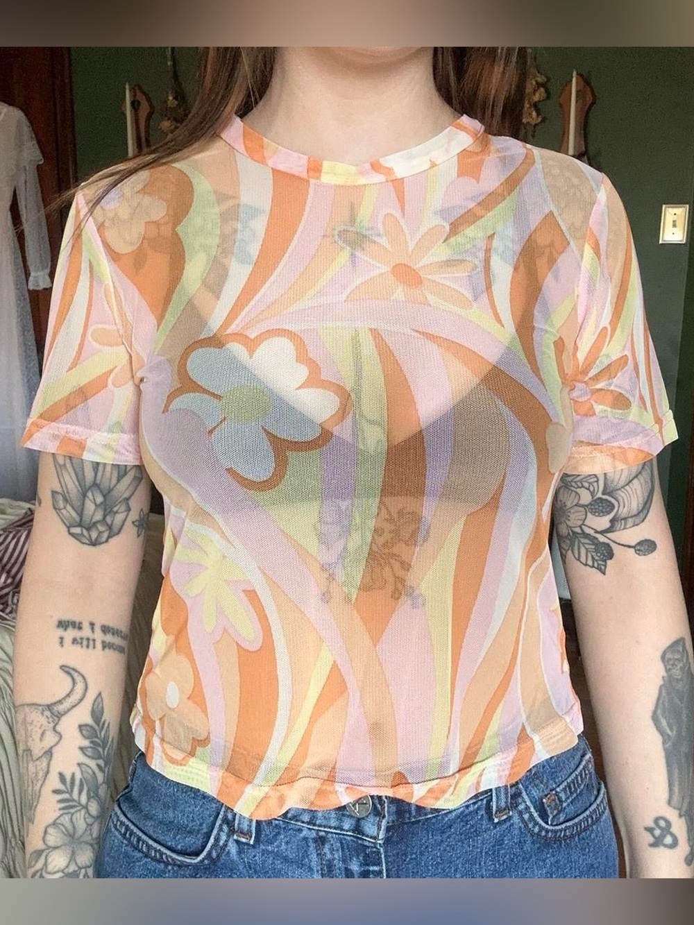 Sheer Retro Floral Mesh Top - Pastel Orange